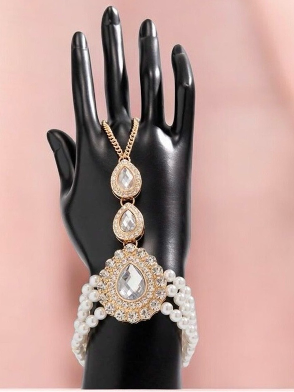 Elegant Pearl and Crystal Hand Chain Bracelet - Gold & White